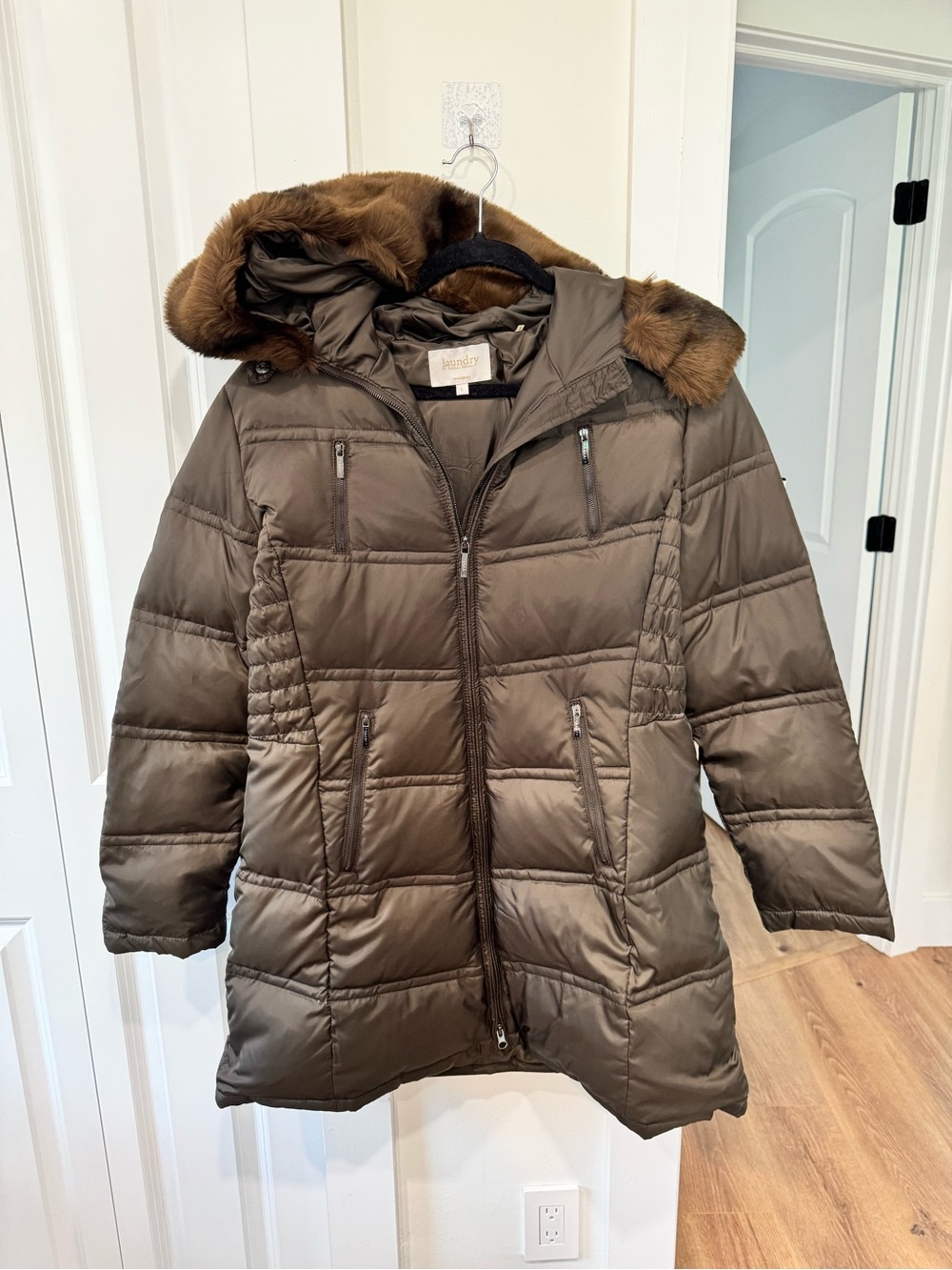 Laundry By Shelli Segal Brown Quilted Puffer Coat with Fur-Trim Hood